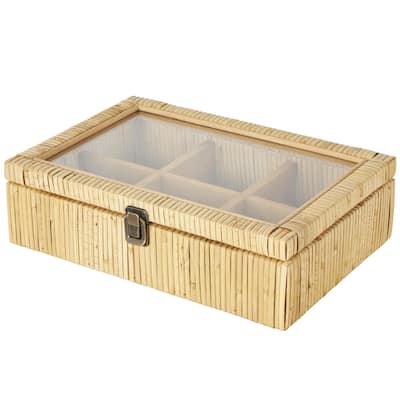 Rattan Handmade Wrapped 6 Slot Decorative Jewelry Box with Tempered Glass Top - Brown - Roche River Decor