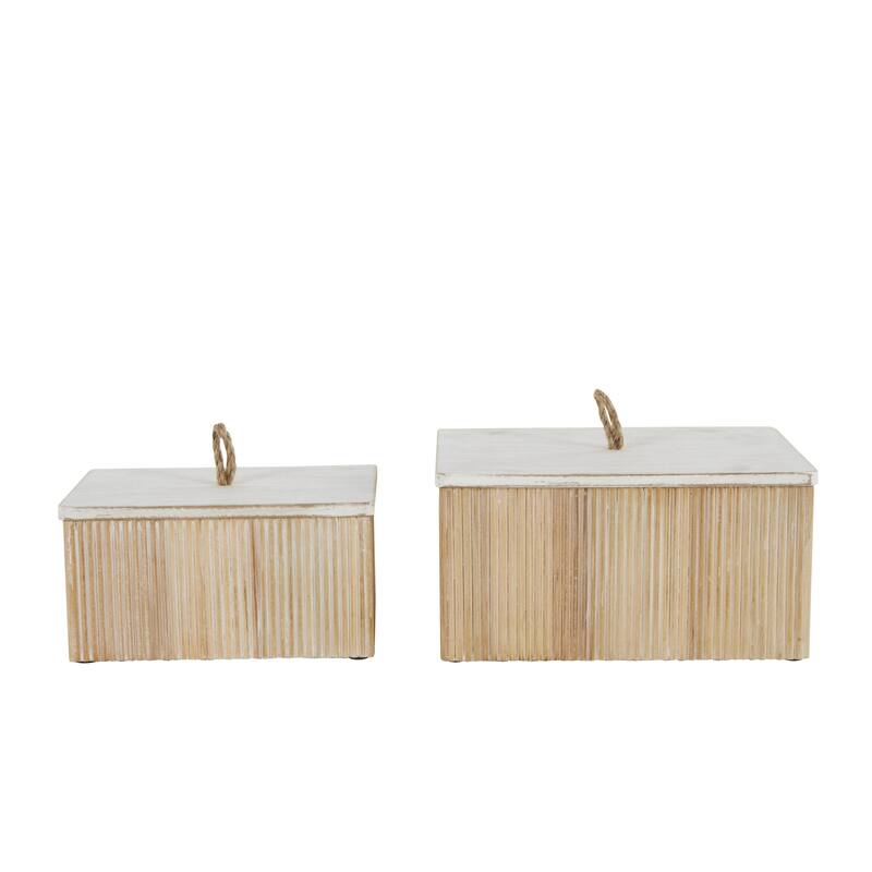 Wooden Washed Ribbed Storage Box with White Lids and Rope Handles - Set of 2 Brown - Roche River Decor