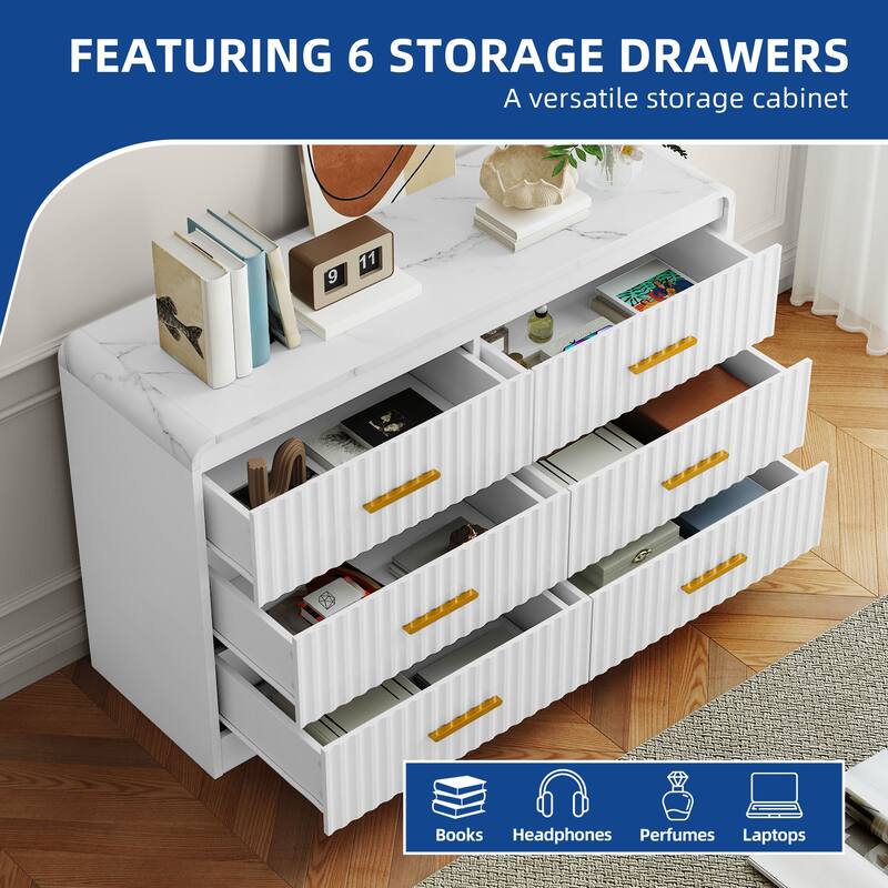 Moasis Fluted Dresser with 6 Drawers, 47" Wide Chest of Drawers with Metal Handle for Bedroom Storage Organizer