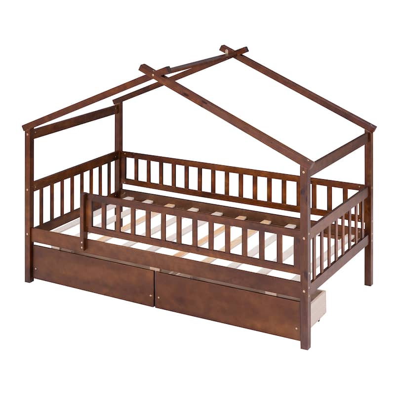 Twin Size Wooden House Bed with Drawers and Roof Design, Kids Bed Frame