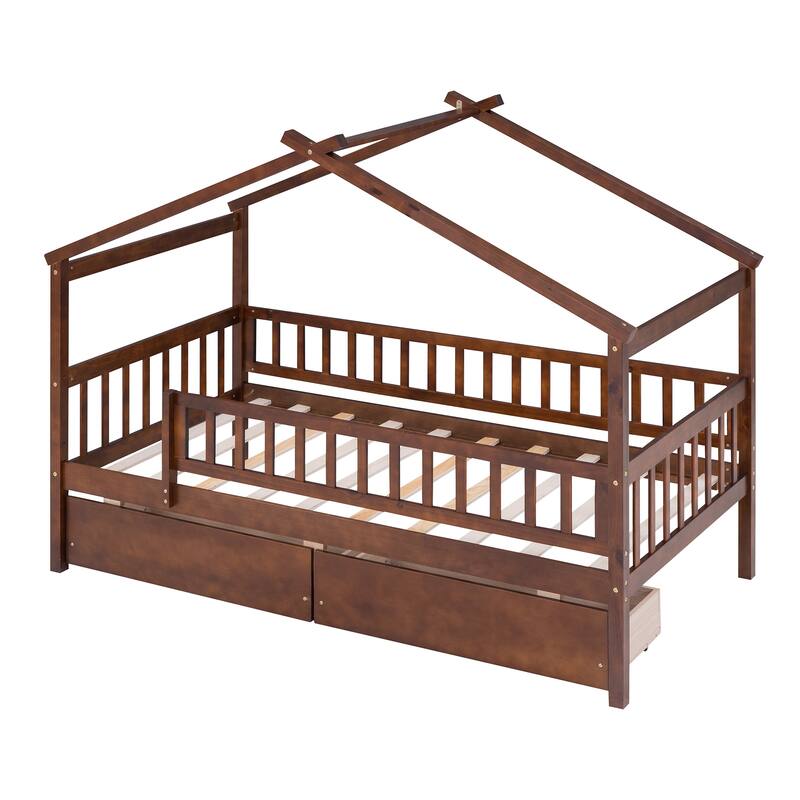 Walnut Twin Size Wooden House Bed with Two Drawers and Fence