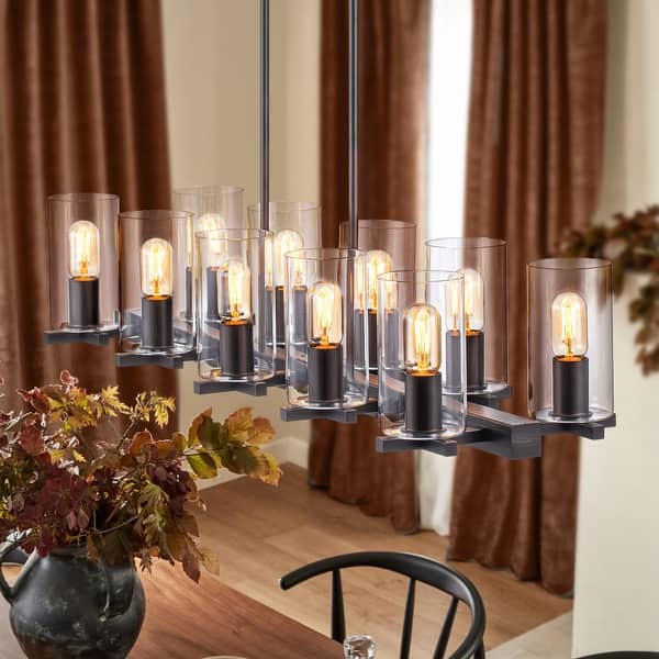 slide 2 of 12, 10-Light Industrial Farmhouse Linear Candle Chandelier with Cylinder Clear Glass Shade Brown