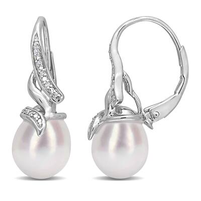 Miadora Sterling Silver Pearl and Diamond Accent Leverback Drop Earrings - White