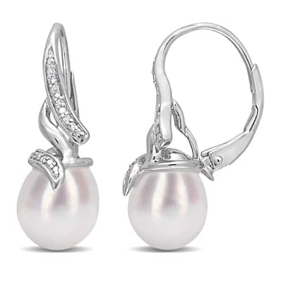 Miadora Sterling Silver Pearl and Diamond Accent Leverback Drop Earrings - White