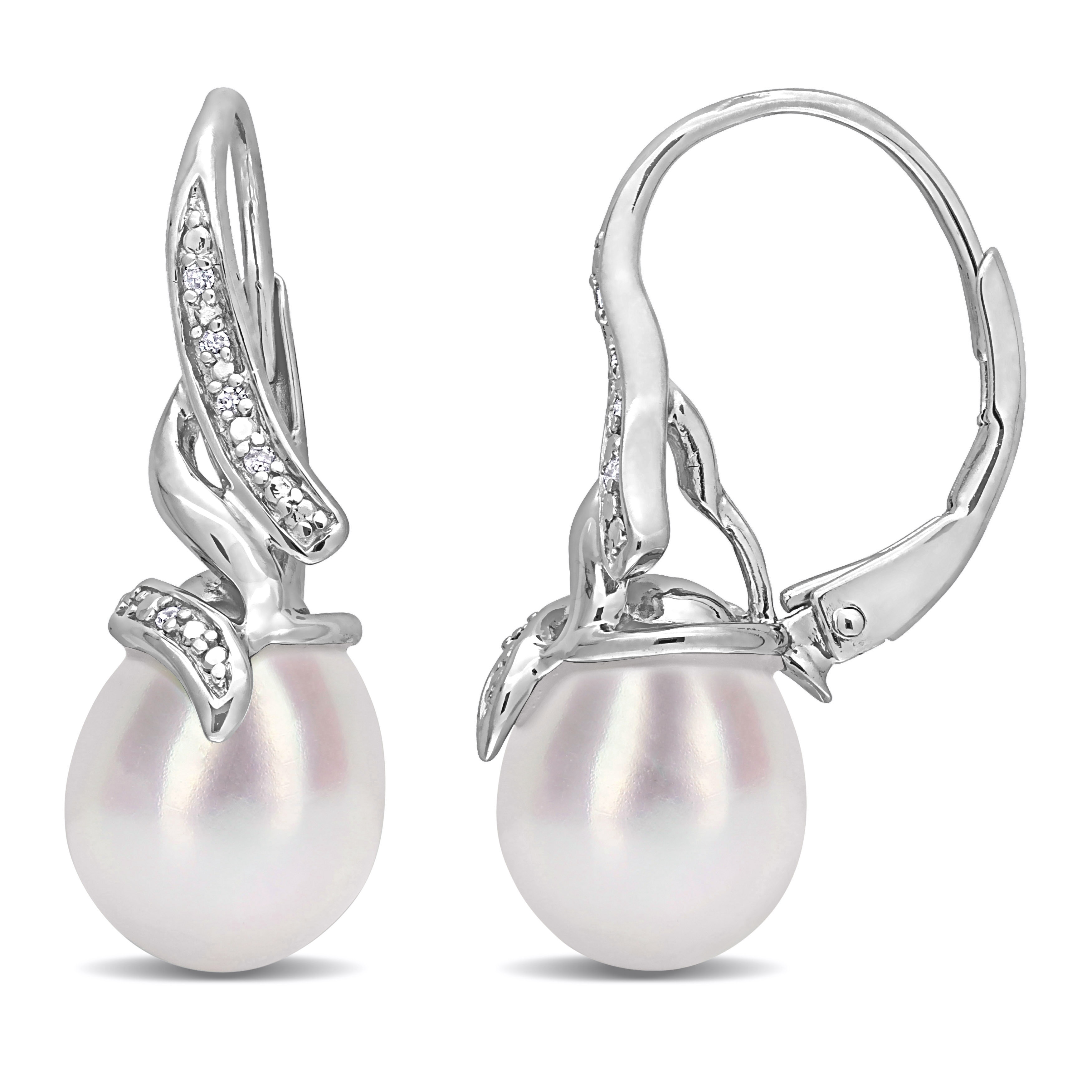 Miadora Sterling Silver Pearl and Diamond Accent Leverback Drop Earrings - White