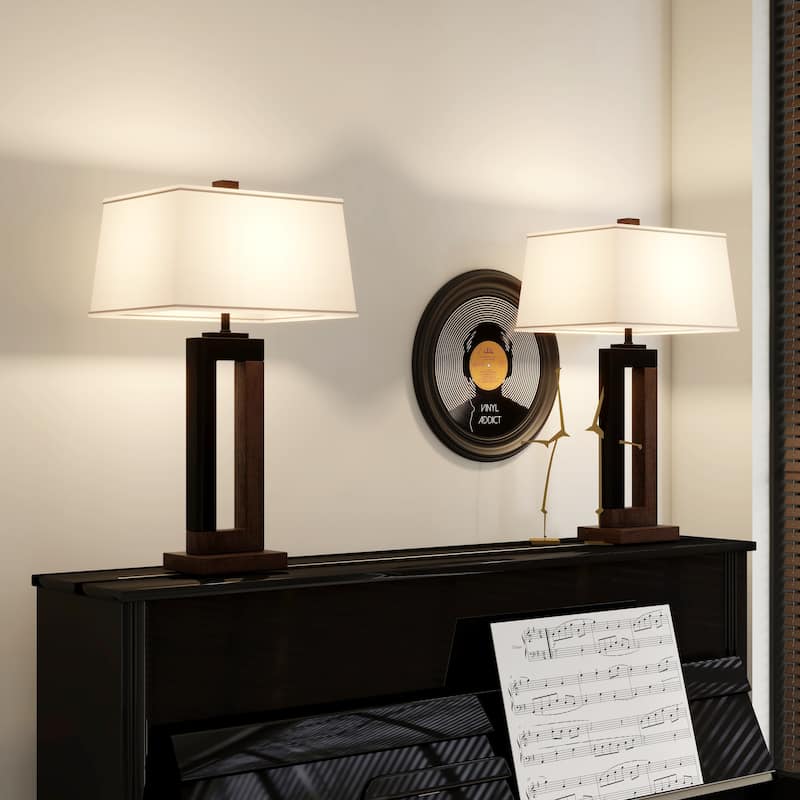 25.9" Rectangle Cotton Shade Wood Table Lamps Set of 2 - Brown Wood
