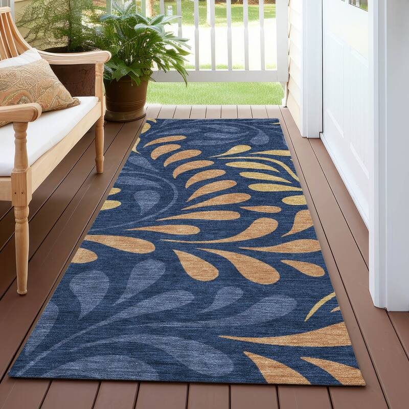 Machine Washable Indoor/ Outdoor Floral Arabesque Chantille Rug - Navy - 2'3" x 7'6"