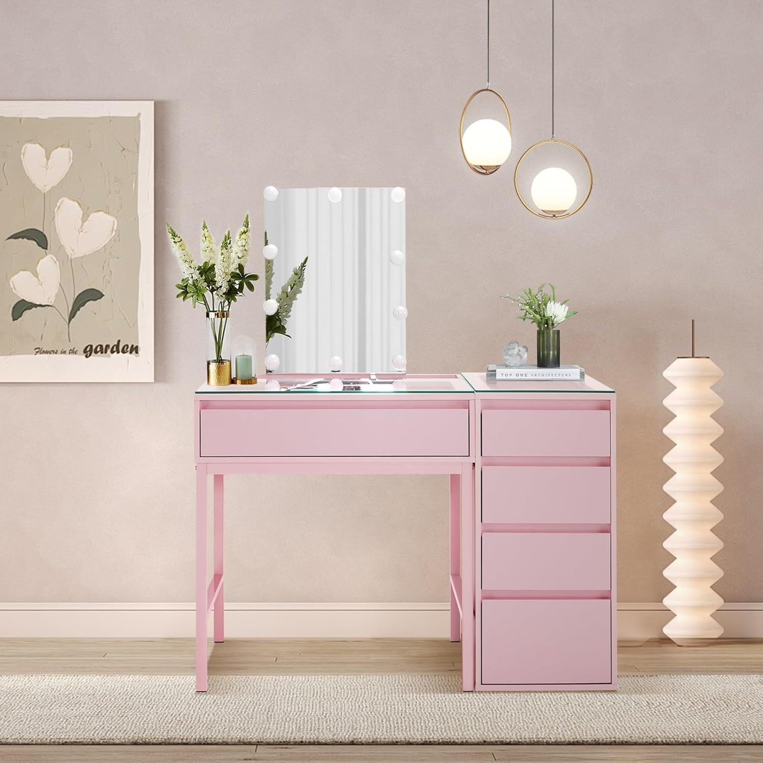 Makeup Vanity Dressing Table With Mirror&LED Lights and Drawers (Pink)