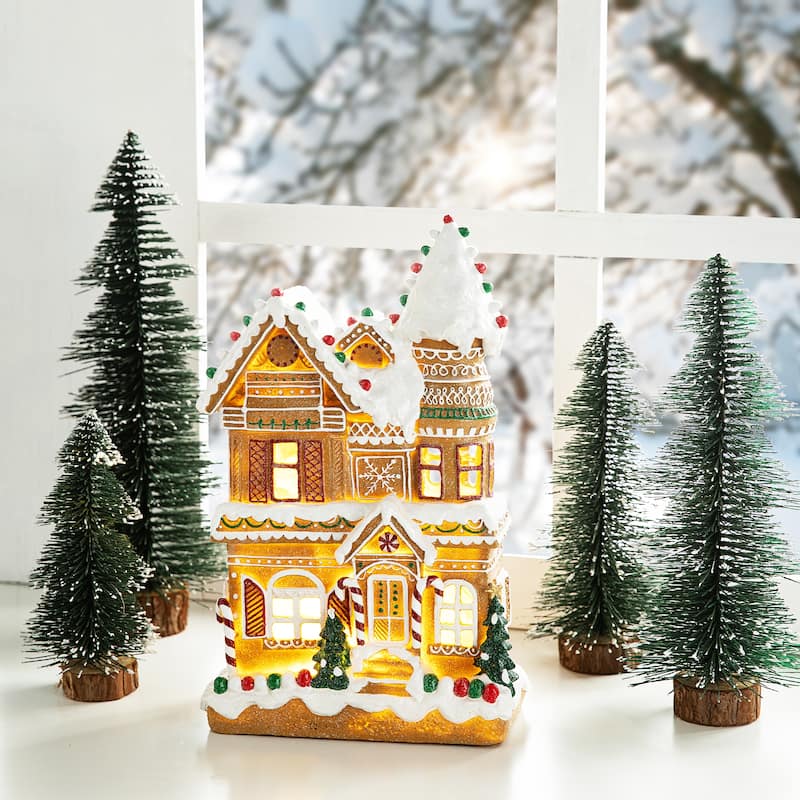 Glitzhome 12"H Resin Lighted Christmas Gingerbread House Village Table Decor