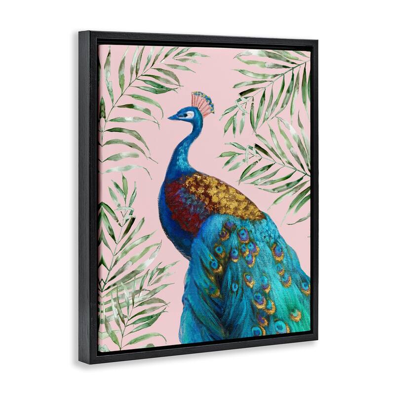 Stupell Elegant Peacock & Palm Sprigs Framed Floater Canvas Wall Art Design By Nan
