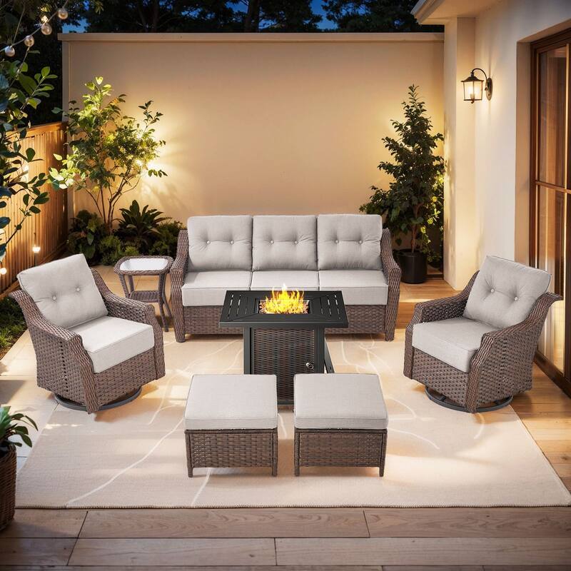 7-Piece Sofa Swivel Chairs Ottoman with 30" Firepit Table - Brown Wicker & Beige Cushion