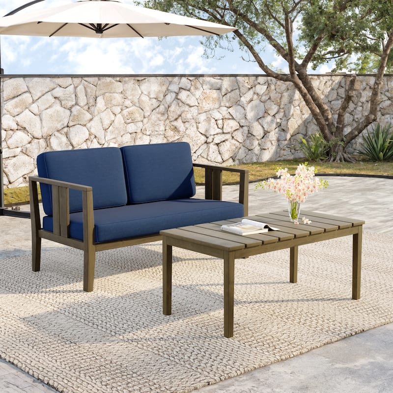 Teak Wood Water Resistant Outdoor Loveseat and Coffee Table Set (Set of 2)