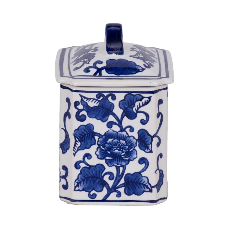Sagebrook Home Ceramic Candle - 6" Blue/White Chinoiserie with Lid, 13 oz - 5" x 4" x 6"