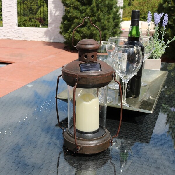 Sunnydaze Outdoor Antique Hanging Solar Lantern with Candle and LED - 12-Inch