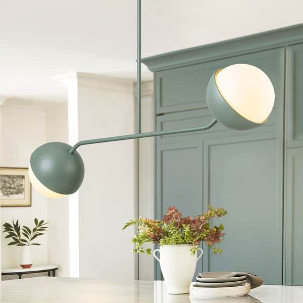 slide 2 of 13, 39" W Modern Asymmetric Green Pendant for Kitchen Island with Milk Glass Globe Shade - 38.6 in. W x 13.4 in. H x 7.5 in. D 38.6 in. W x 13.4 in. H x  7.5 in. D - Green/White