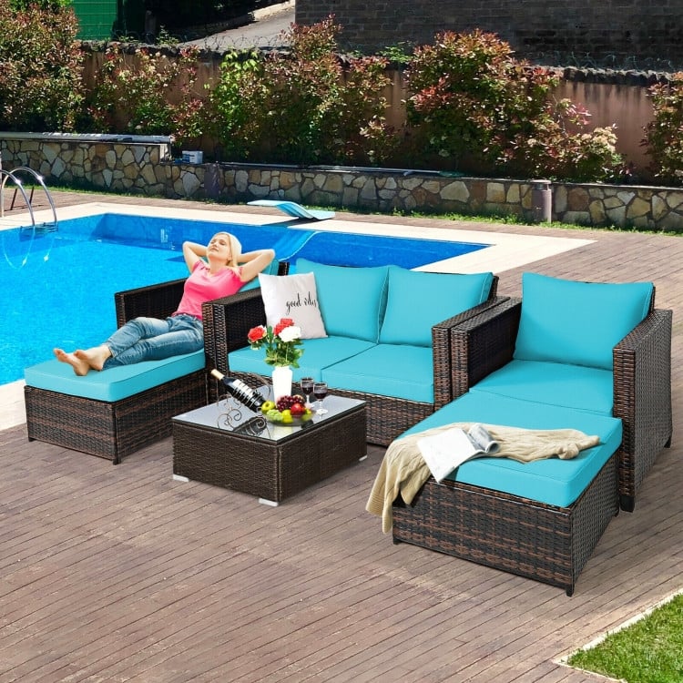 5 Pieces Patio Cushioned Rattan Furniture Set - 50" x 30.5" x 29" (L x W x H)