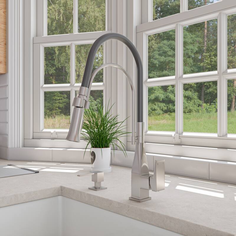 Brushed Nickel Square Kitchen Faucet with Black Rubber Stem