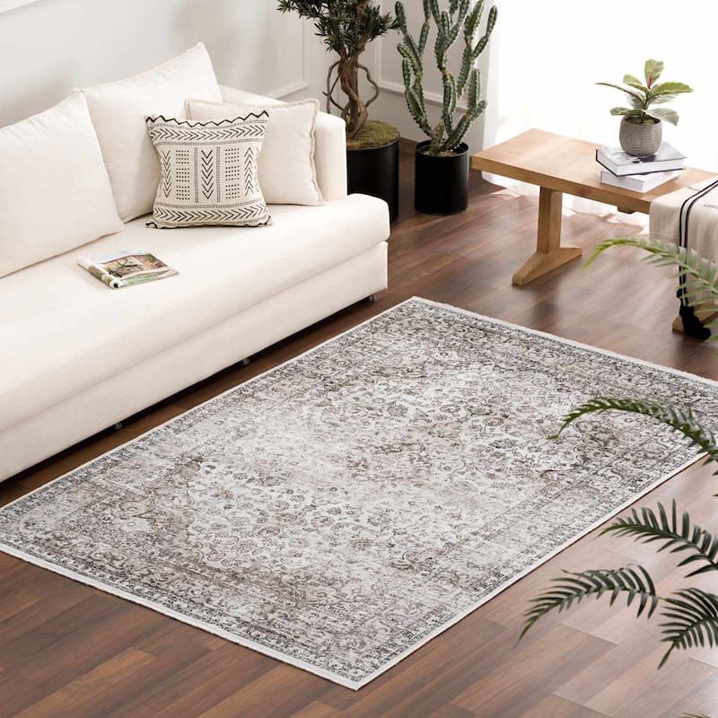 Hauteloom Ariana Living Room, Bedroom Machine Washable Area Rug - Pearl, Dark Brown, Brown - 5' x 7'6" - 6'7" x 9' - Pearl, Dark Brown, Brown / Ariana