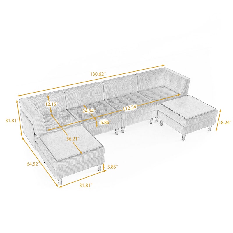 130"W Corduroy Upholstered Modular Sectional Sofa with Storage Ottoman