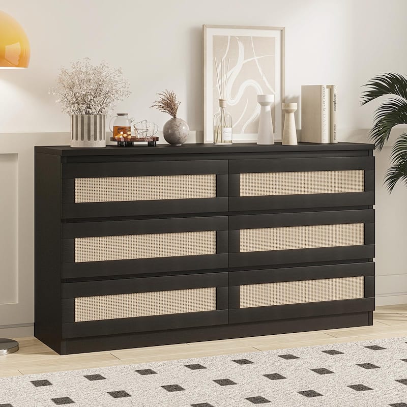 6/8 Drawer Rattan Dresser for Bedroom, Double Wood Chest of Drawers for Closet, Nightstand, TV Stand - 6-drawer - Black