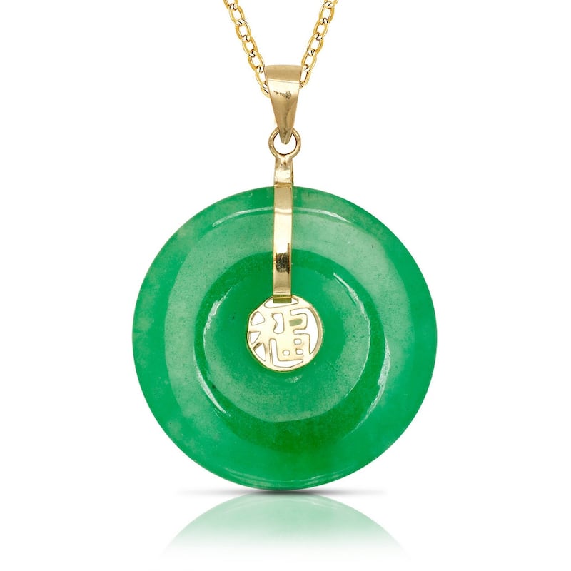 Curata 14k Yellow Gold 18" Green Jade Circle Pendant Necklace (20mm x 30mm)