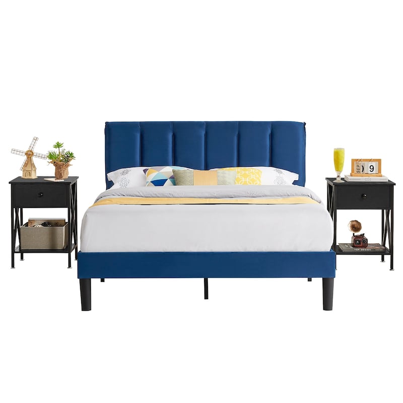 VECELO 3-Pieces Tufted Upholstered Platform Bed Frame with Adjustable Height Headboard and Nightstands Set of 2, Dark Blue