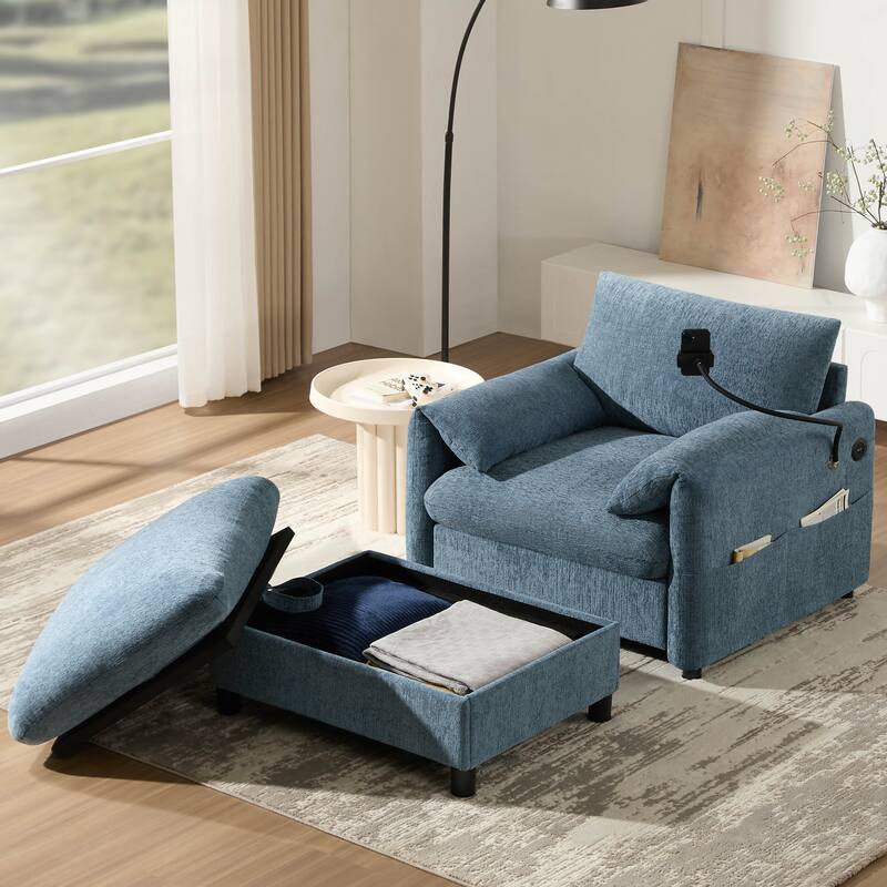 Roomfitters 37" Single Sofa with Storage Ottoman, Chenille Armchair with Phone Holder and Charging Ports, Lounge Chair - Blue