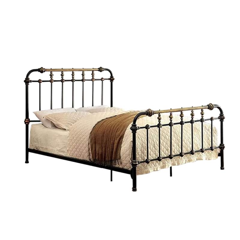 Queen Size Metal Bed with Spindle and Ornamental Accents, Black and Gold
