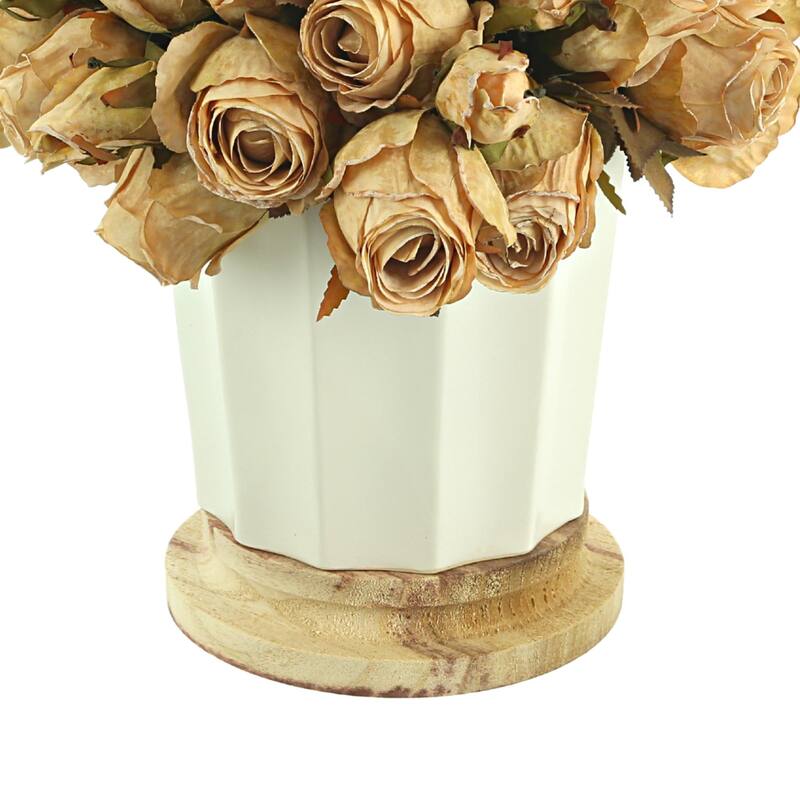 Dried Rose Bundle in a Ceramic Pot with Wooden Base - Cream, White