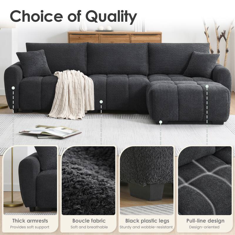 L-Shaped Sectional Sofa with Movable Ottoman, Boucle Fabric Couch with 2 Throw Pillows, Modular Upholstered 4 Seat Sofa