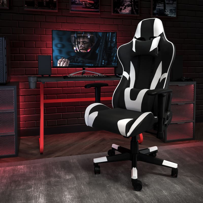 Desk Bundle - Gaming Desk, Cup Holder, Headphone Hook and Reclining Chair - Black