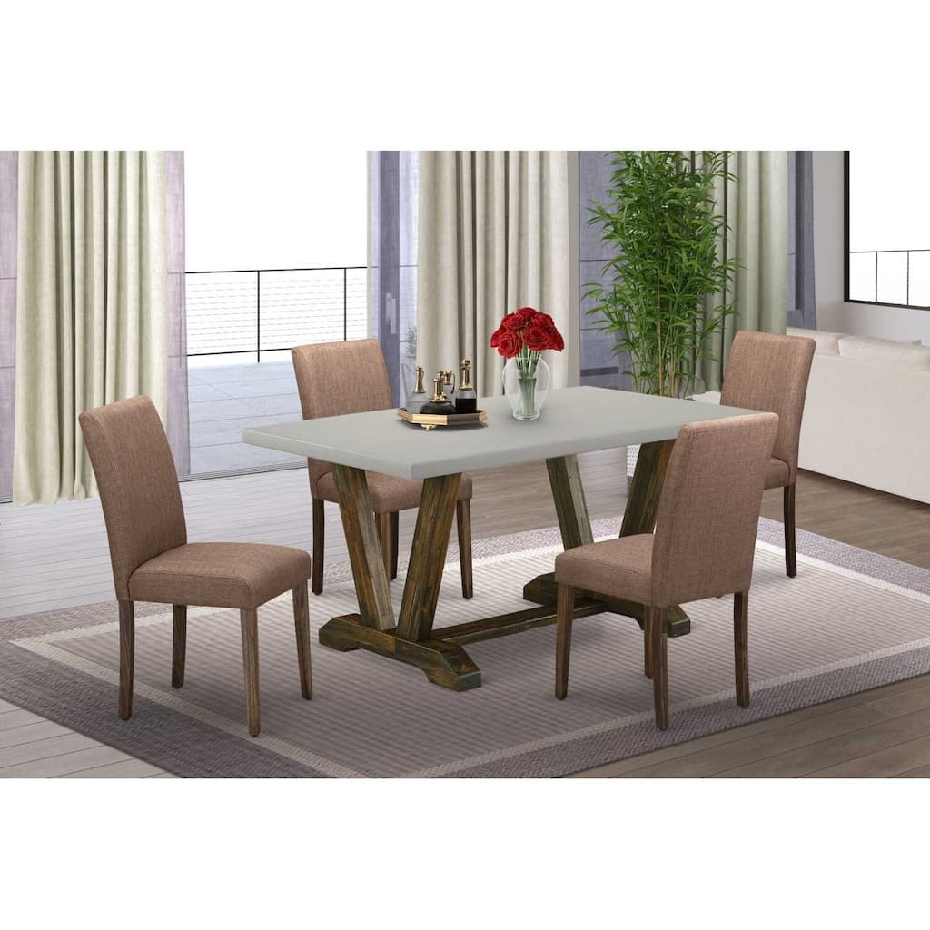 HomeStock 5-Pc Rectangle Distressed Jacobean Finish Solid Wood Top Dining Table with 4-Upholstered Chairs
