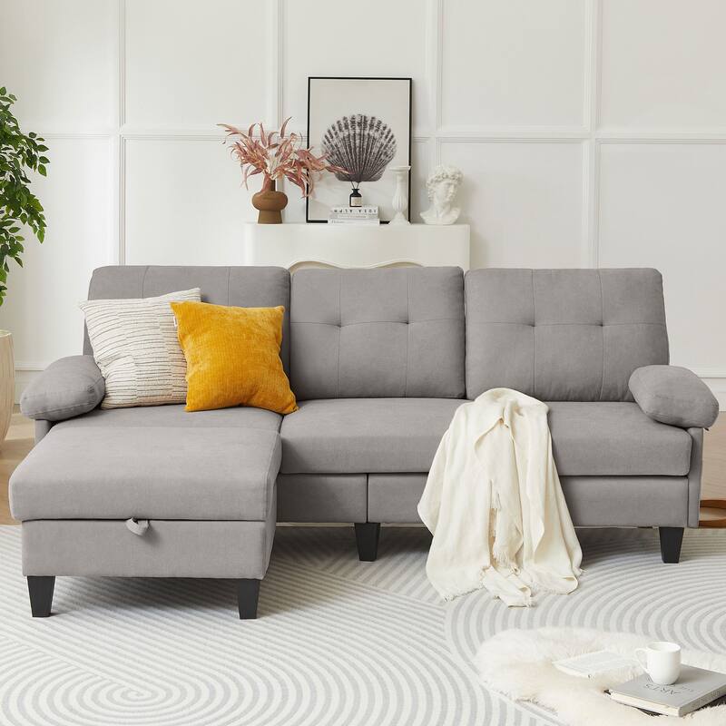 84.45" Wide Sectional Sofa with Ottoman & Side Storage Bags - Lightgrey
