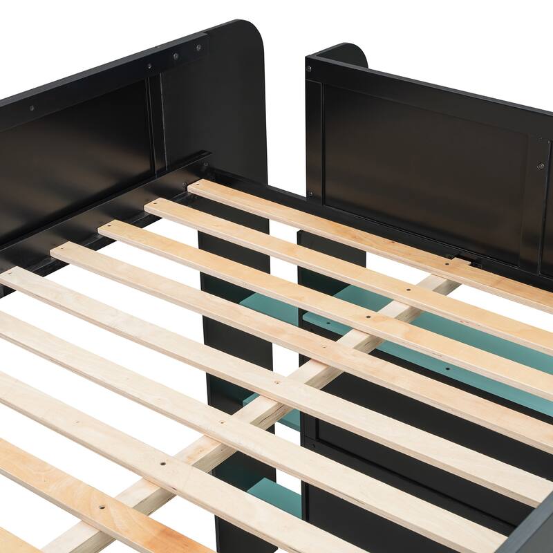 Full Size High Loft Bed, LED Loftbed Frame with Height Adjustable Desk, Wooden Storage Loft Bed with Wardrobe and Shelves