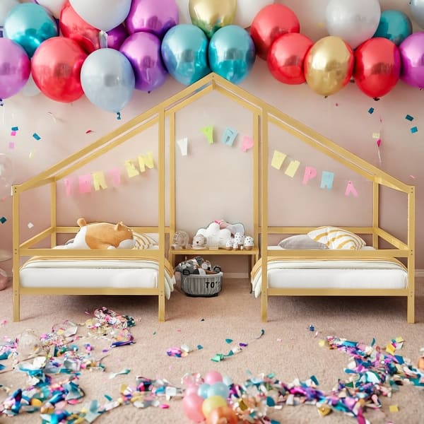 slide 2 of 13, Twin Size Triangular House Beds Platform Bed Daybed with Built-in Table,Shared Two Twin Beds for Bedroom Gold