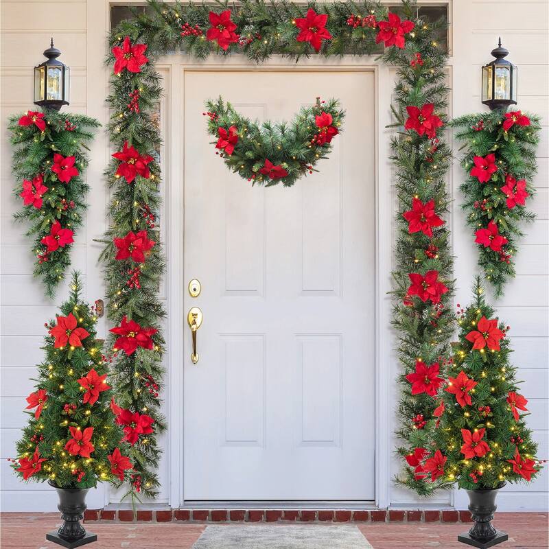 Glitzhome 4ft/5ft Pre-Lit Pine Artificial Christmas Potted Porch Trees with Warm White Lights and Poinsettia