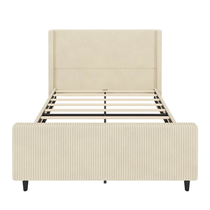 Modern Vertical Stripe Wingback Headboard Corduroy Upholstered Bed Frame