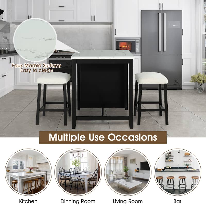 Black Bar Table and Chairs Tall Kitchen Breakfast Nook with Stools, Storage Shelves