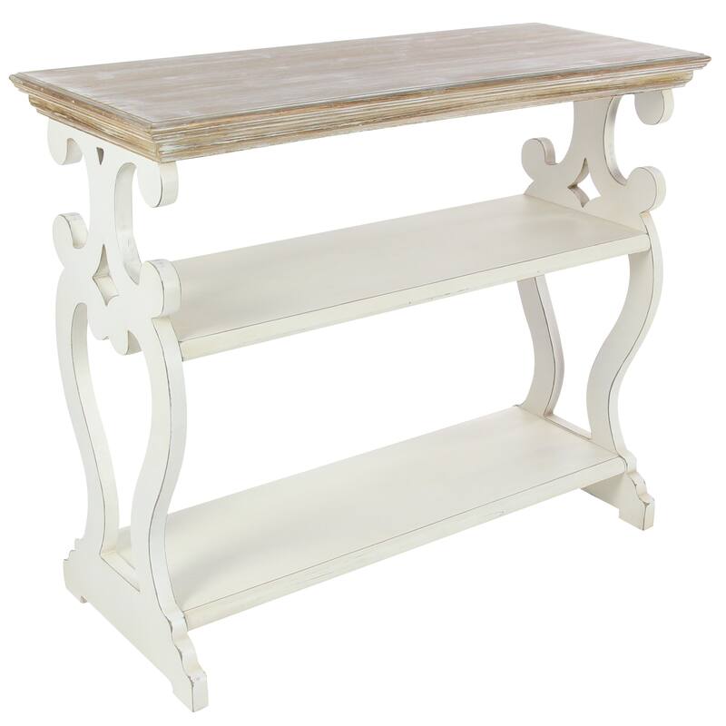 White Wood Scroll Side Frames 2 Shelf Console Table with Brown Wood Top - White or Black