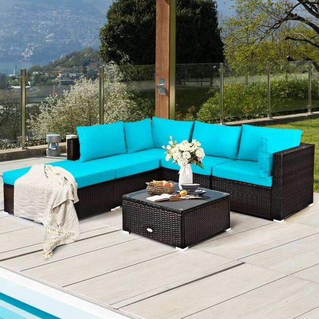 6 Pieces Outdoor Patio Rattan Furniture Set Sofa Ottoman with Coffee Table - 30'' x 30'' x 26''(L x W x H)