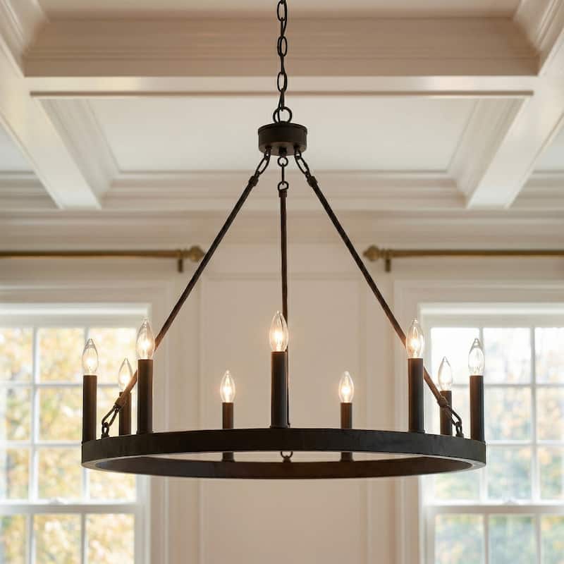 Acroma 9-light Modern Farmhouse Wagon Wheel Chandelier for Dining room - 24 inches - Aged Zinc
