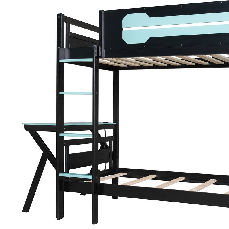 Gaming Bunk Bed Two Built-In Gaming Desks Each Side Loft Bed with USB Desktop Ports and Pegboard Organizer for Gaming Room Gamer