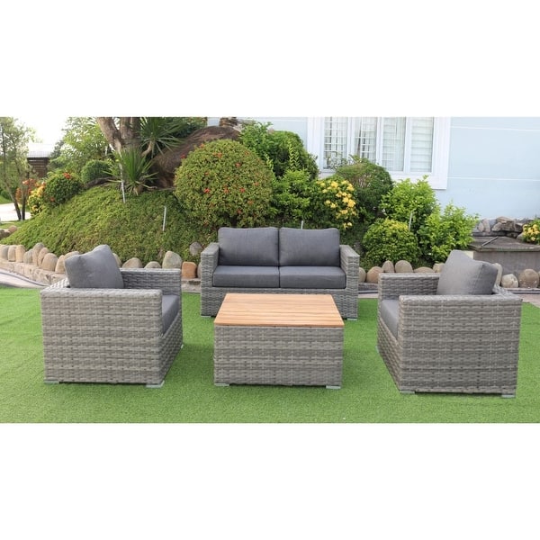 slide 2 of 5, Miami 4-Piece Patio Seating Rattan Wicker Love Seat Set With Olefin Cushions And Coffee Table Outdoor - Grey