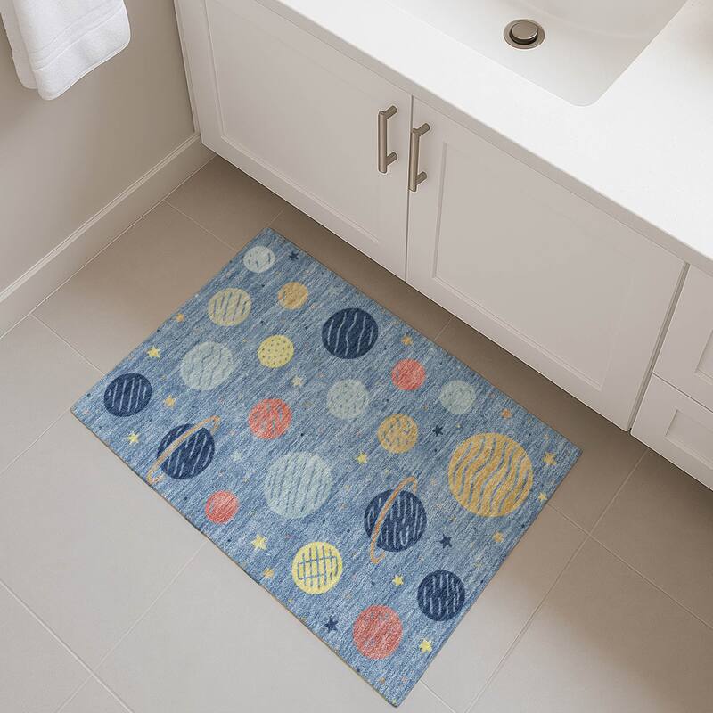 Machine Washable Indoor/ Outdoor Modern Planets Chantille Rug