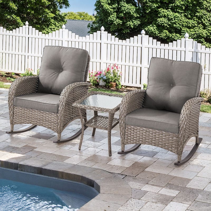 Pocassy Outdoor Wicker Patio Chairs Set - Grey Wicker Grey Cushion - 2PCS Rocker Chairs w/ 1PC Side Table