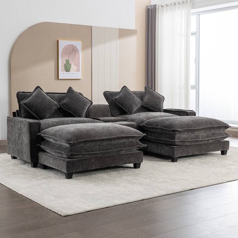 111" Grey Chenille Sectional Sofa with 2 Removable Ottomans, USB Ports, Cup Holders & Storage Box