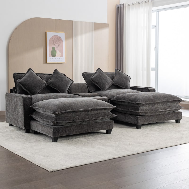 Roomfitters Chenille Sectional Sofa with 2 Ottomans, USB Ports, Cup Holders and Storage Box for Living Room