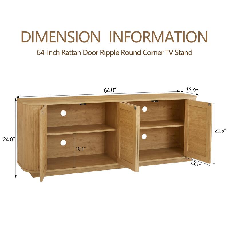 64-Inch Wave Shaped TV Stand, Rounded Corner Sideboard, Storage Cabinet, Buffet, Wood Vertical Striped Cabinet with Rattan Doors