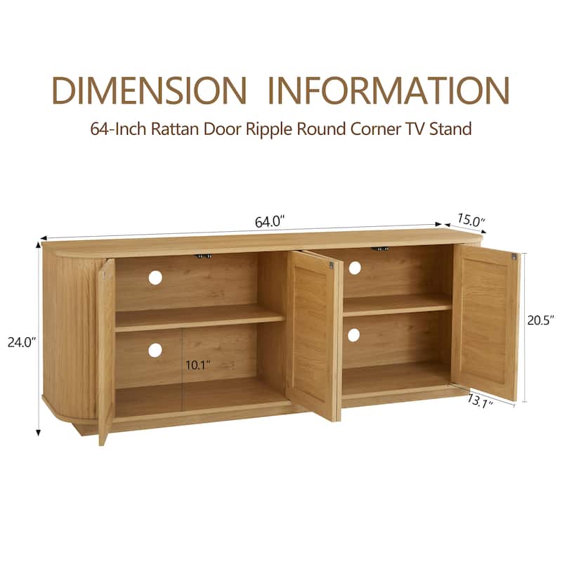 64-inch wave shaped TV stand, rounded corner sideboard, storage cabinet, buffet, wood vertical striped cabinet with rattan doors