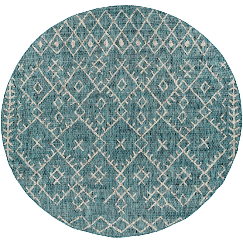 Livabliss Despina Indoor/ Outdoor Bohemian Trellis Area Rug - 7'10" Round - Aqua